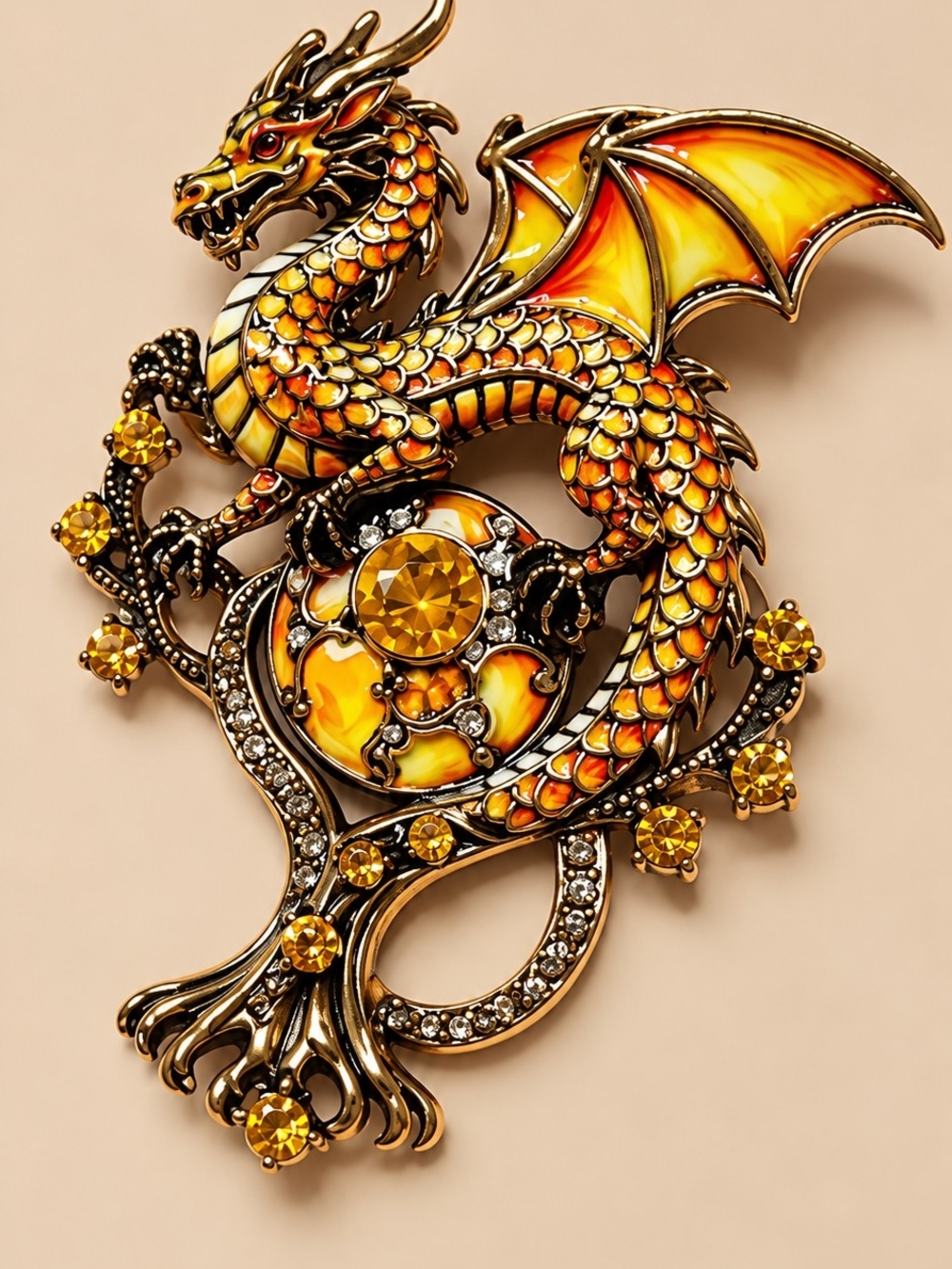 Gold Orange Dragon Decorative Accent Brooch